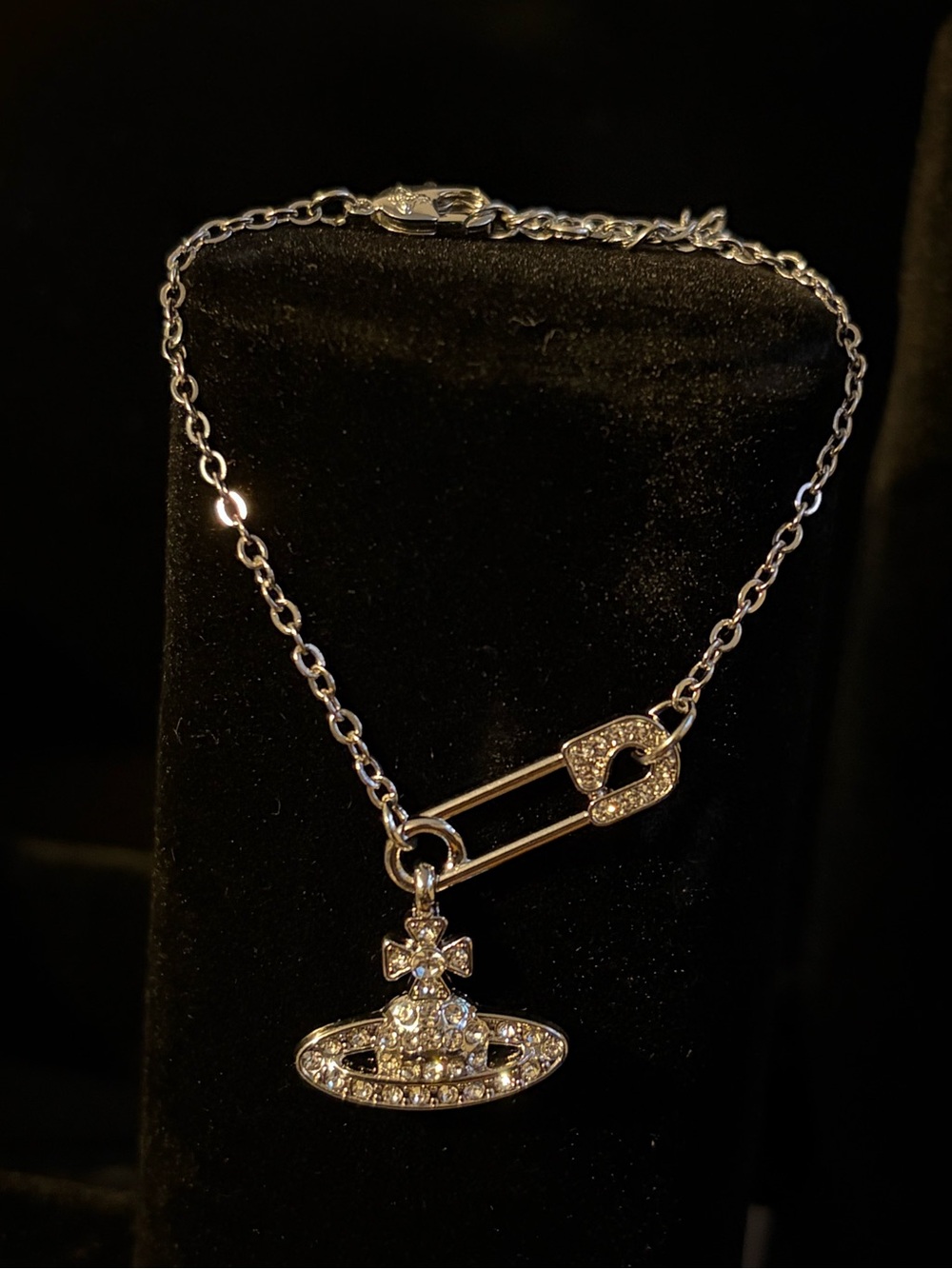 Vivienne Westwood Silver Crystal Orb Safety Pin Pendant Necklace